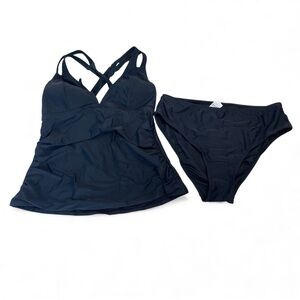 CUPSHE Black Ruched Tankini Top & Mid-Rise Bottoms Set Medium NWT Beach Boho